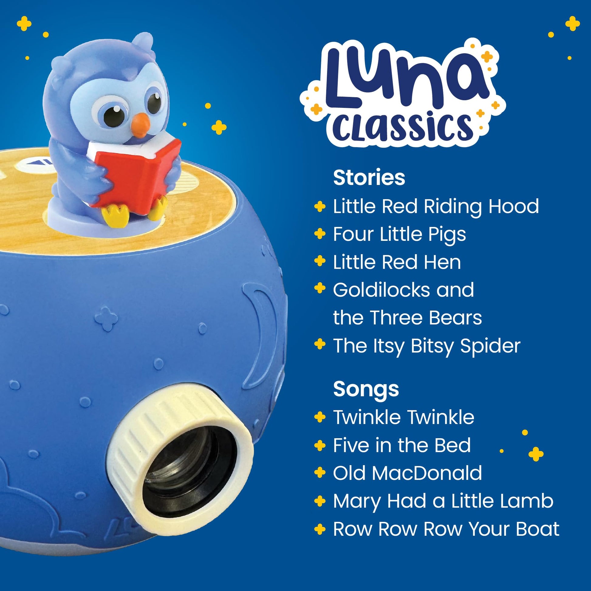 LUNA STORYTIME Kids Book Projector - 5 Read-Aloud Stories, 5 Songs, Night Light & Soothing Dream Music | Children Ages 3+ Storytime Projector for Kids