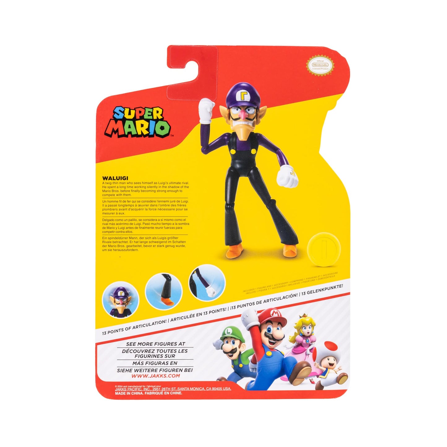Super Mario Waluigi 4 Inch Action Figure with Coin