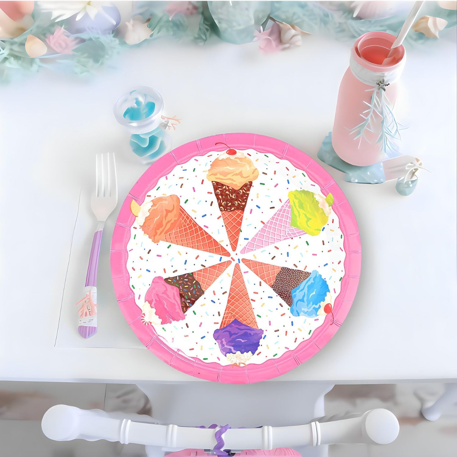 Fun Express I Scream for Ice Cream Party Paper Dinner Plates - Ice Cream Theme Disposable Dessert Plates - Tableware Decorations for Birthday New Year