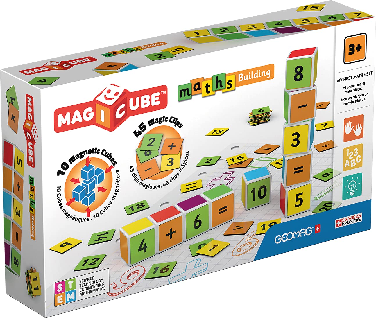 Geomag Magicube Maths Building - 10 Cubes + 45 Clips - Magnetic Building Set with Magnetic Cubes