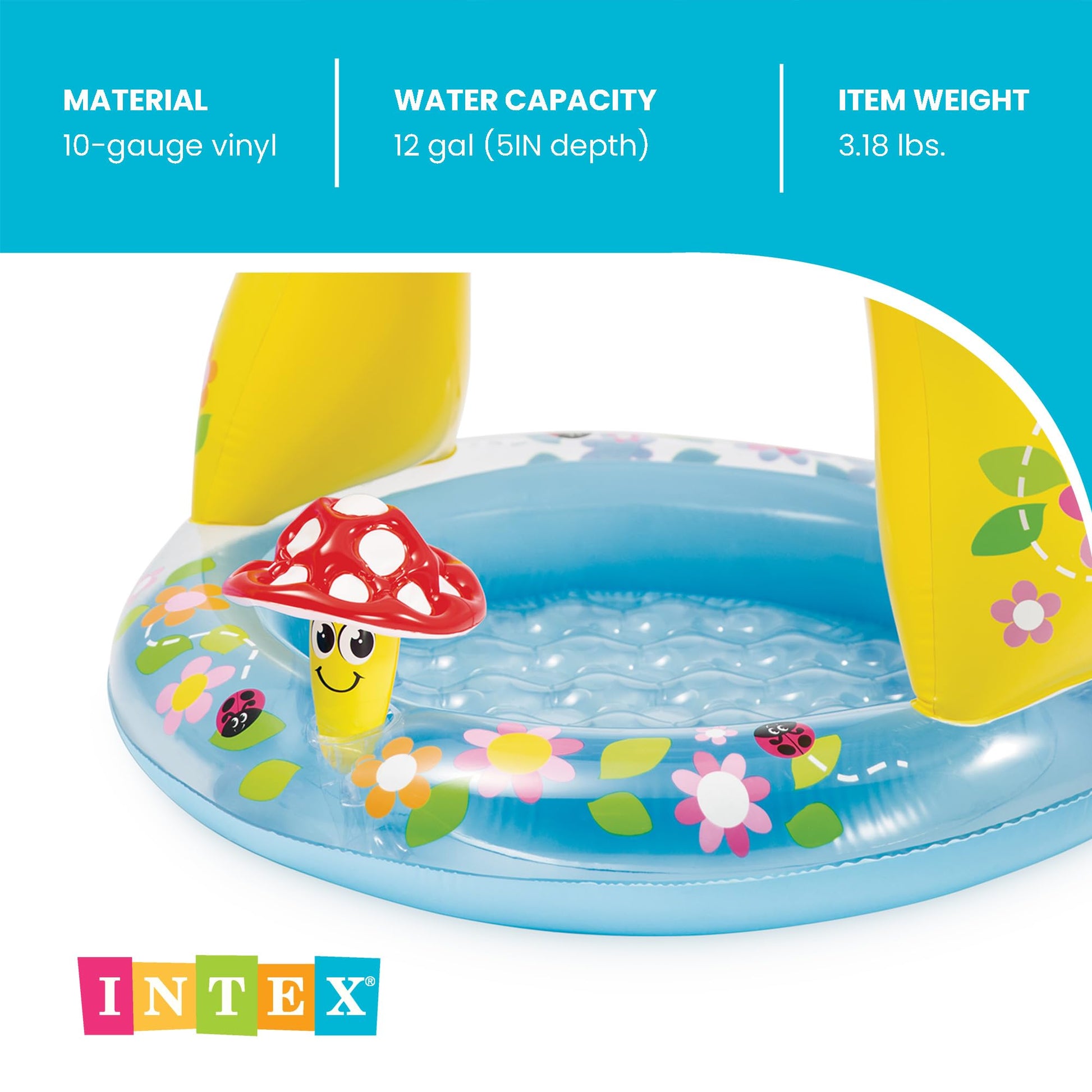 INTEX 57114EP Mushroom Baby Pool: Built-In Mushroom Shade - Soft Inflatable Floor - Durable Vinyl - Ages 1-3 - 40" x 35"