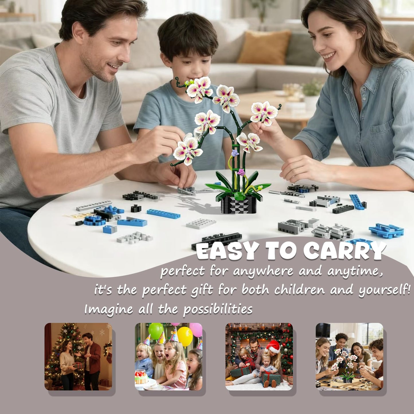 Orchid Flower Building Block Set,Compatible with Lego Flower Featuring Printed Floral Patterns on The Blocks' Petals, Ideal for Tabletop displays