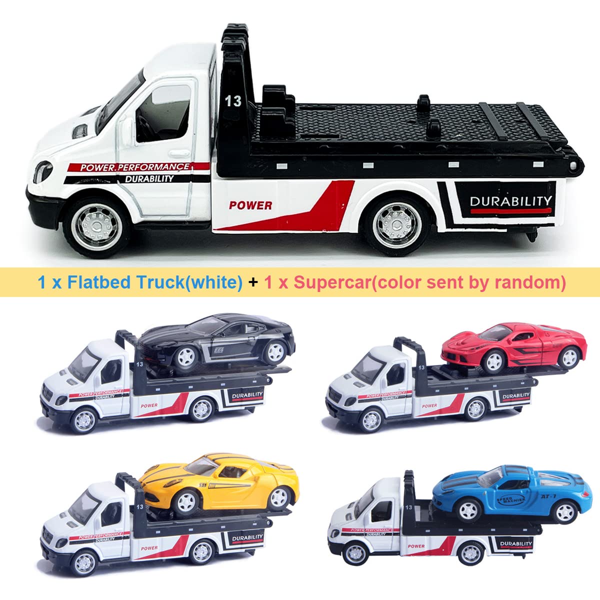 Flatbed Truck Toy Rescue Tow Truck Transport Trailer Car Carrier Metal Diecast Pull Back Vehicles 2 in 1 Vehicle Playset Toy Trucks for Boys Kids