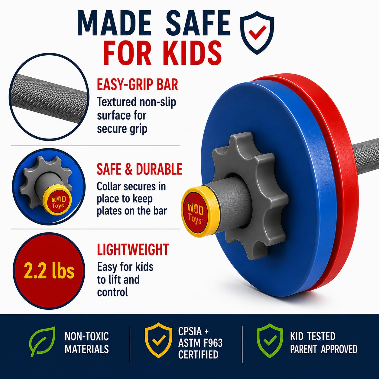 WOD Toys® Barbell Mini - Adjustable Kids Barbell Toy Weight Set for Kid Fitness, Weightlifting and Power lifting - Safe, Durable Kid's Gym Workout