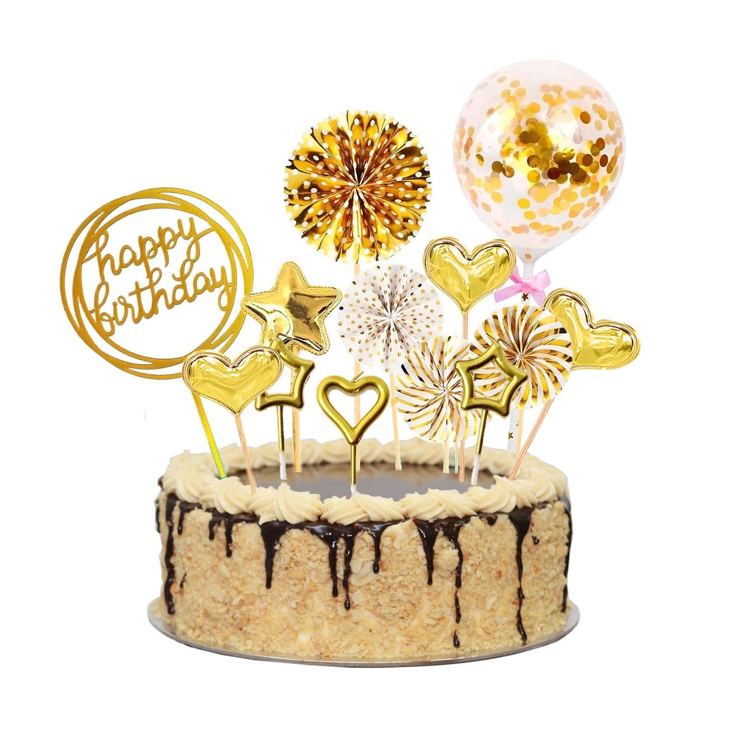Happy Birthday Cake Toppers, 29pcs Gold Cake Topper Acrylic Cupcake Topper Happy Birthday Paper Fans Confetti Balloon Cake Supplies