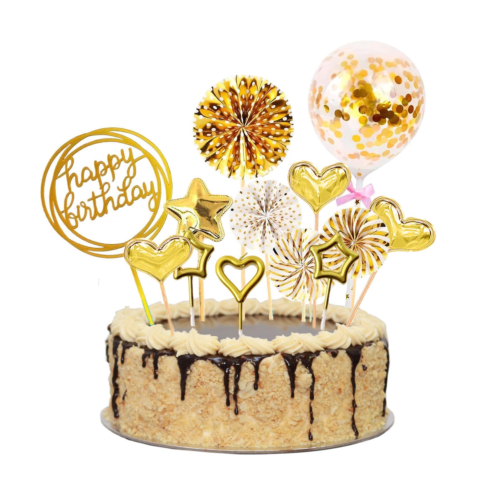 Happy Birthday Cake Toppers, 29pcs Gold Cake Topper Acrylic Cupcake Topper Happy Birthday Paper Fans Confetti Balloon Cake Supplies