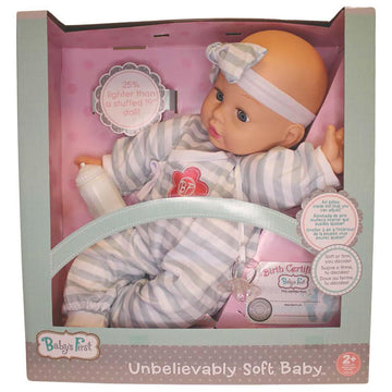 Goldberger Baby's First 19" Unbelievably Soft Baby Doll in Gray Striped PJs. Patented "Air Pillow" Tummy - Super Light and Huggable - For Toddlers 2