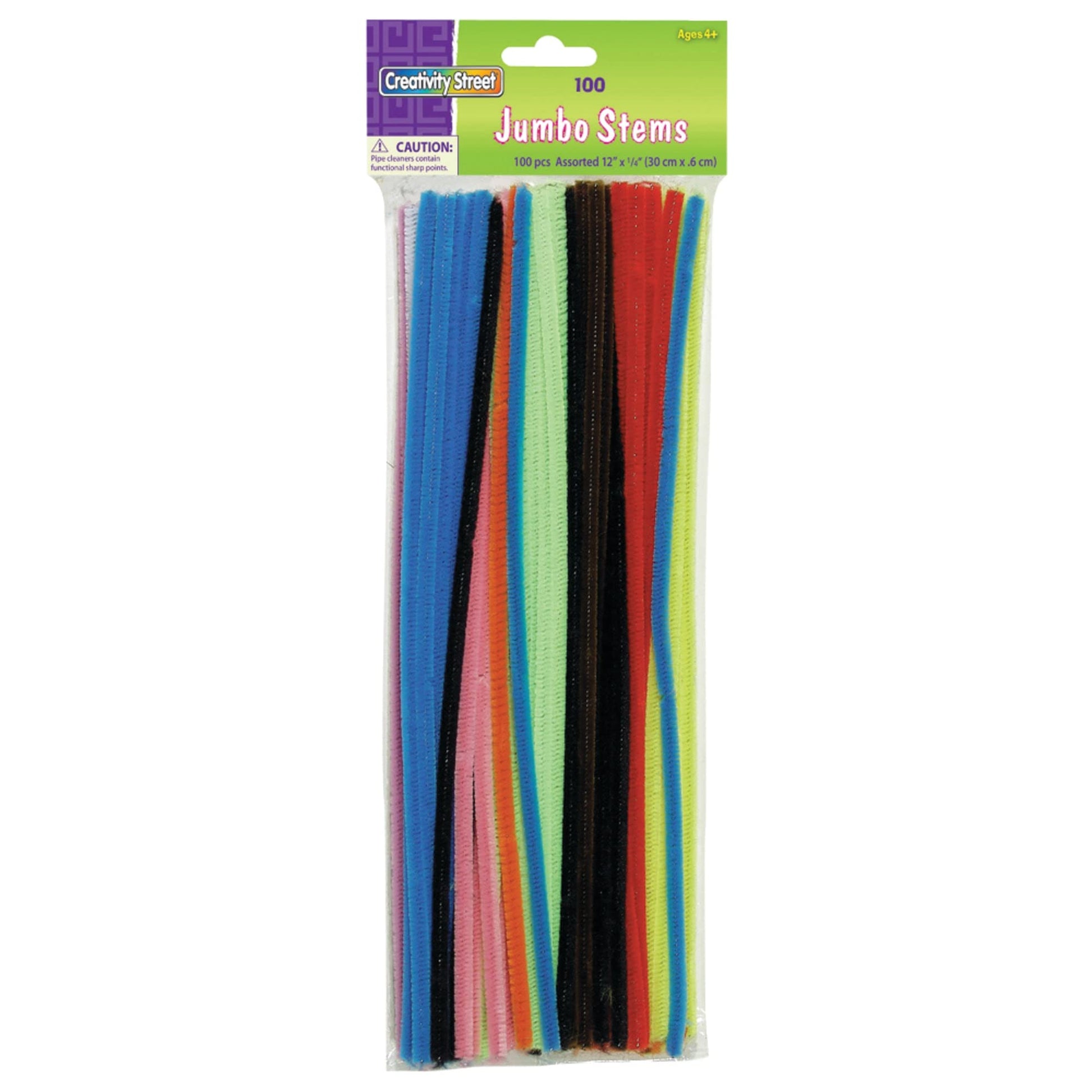 Creativity Street Jumbo Chenille Stems, 12" x 6 mm, Craft Pipe Cleaners in Assorted Basic Colors, Pack of 100, 1 Pack