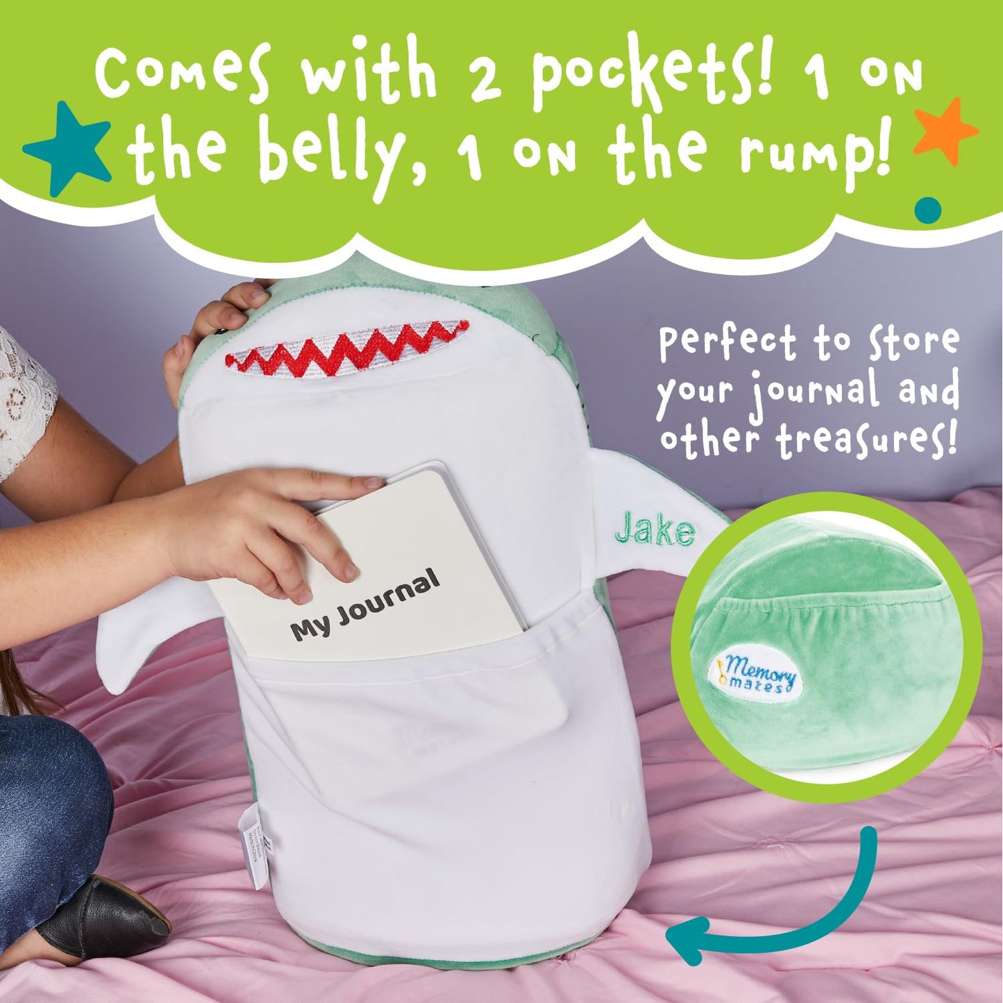 MEMORY MATES Jake the Shark Memory Foam Pillow Plush with Kid's Diary that Stores in Belly Pocket, 15” Stuffed Animal, 6" Journal