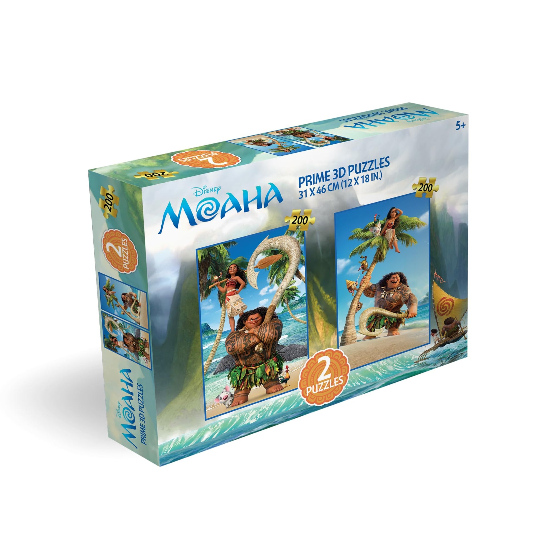 Prime 3D | Disney | Moana | 200 Piece 3D Jigsaw Puzzle 2-Pack for Adults & Kids | 2 Puzzles in 1 Box | Size 12" x 18" | Challenging & Fun for Adults