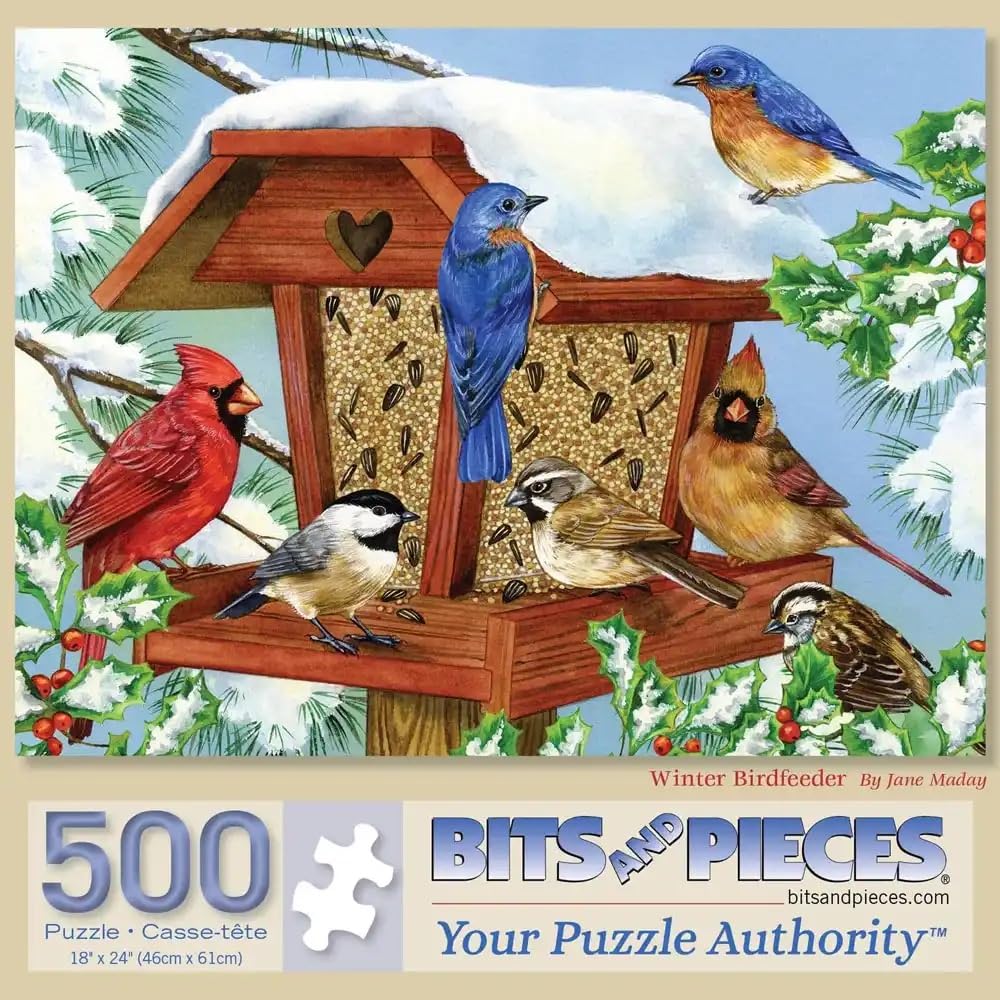 Bits and Pieces - 500 Piece Jigsaw Puzzle for Adults - Winter Birdfeeder - Bird Tree Snow Feeder Jigsaw Puzzle by Artist Greg Giordano, Completed
