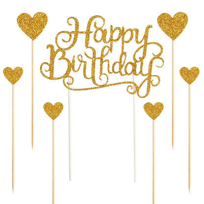 PALASASA Gold Glitter Happy Birthday Cake Toppers 7Pcs Heart Party Decor