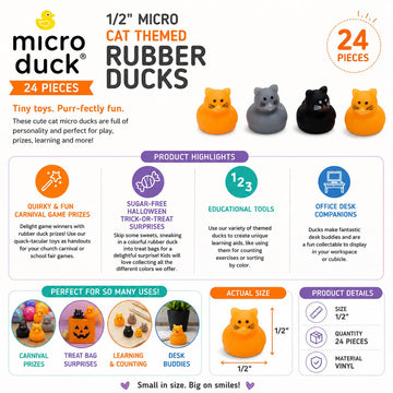Fun Express 24-Piece Micro Cat Rubber Ducks - Tiny 0.5" Kawaii Mini Duckies for Jeep Ducking, Party Favors, and Classroom Rewards - Bulk Vinyl Kitty