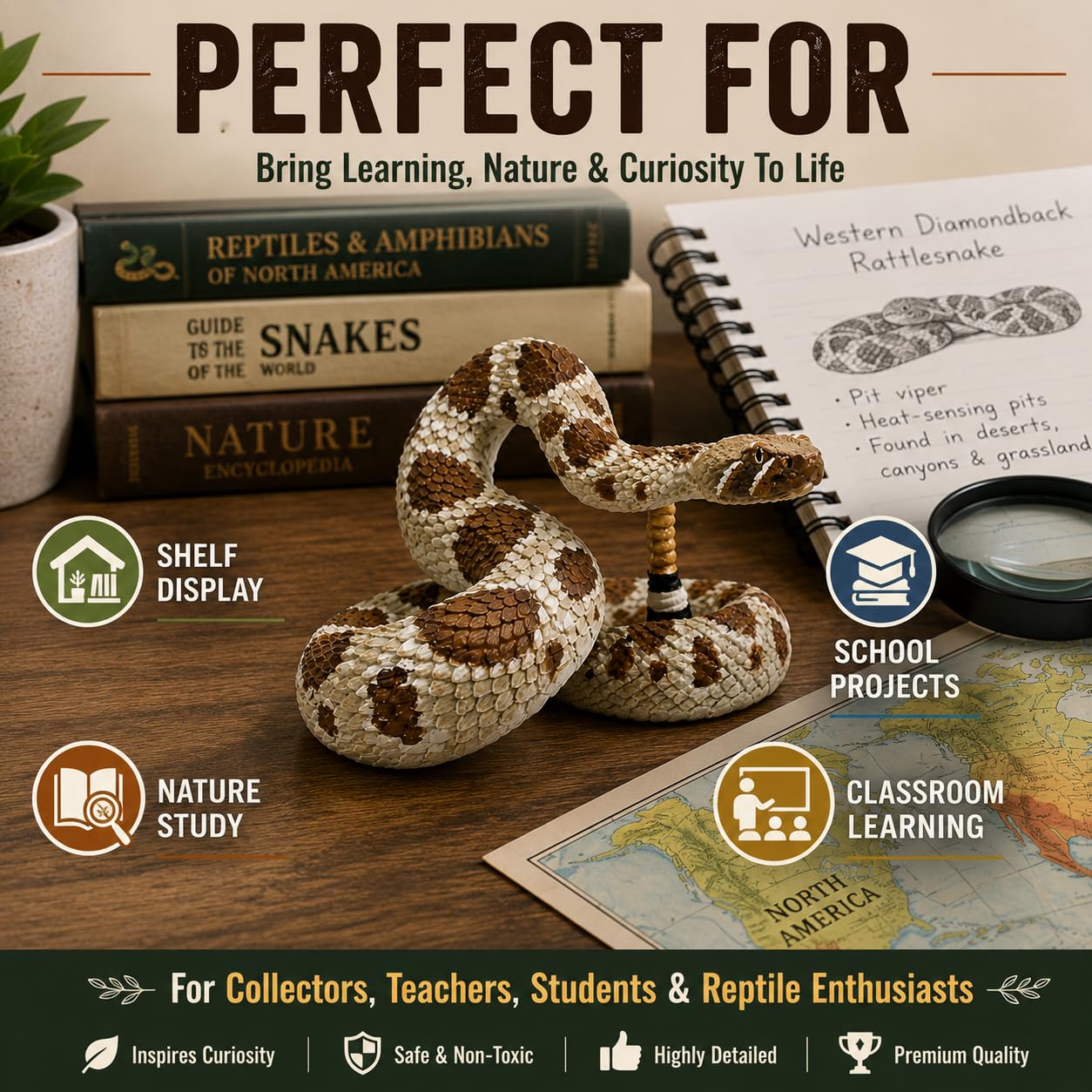 Safari Ltd. Western Diamondback Rattlesnake Figure, 5.75" Snake Replica