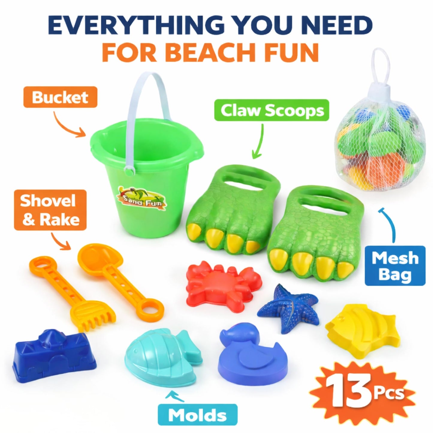 Liberty Imports 13 PCS Beach Sand Toys, Dinosaur Claw Hand Scoop Play Set with Bucket, Shovel Tools, Animal and Castle Sand Molds - Beach Sandbox Toys
