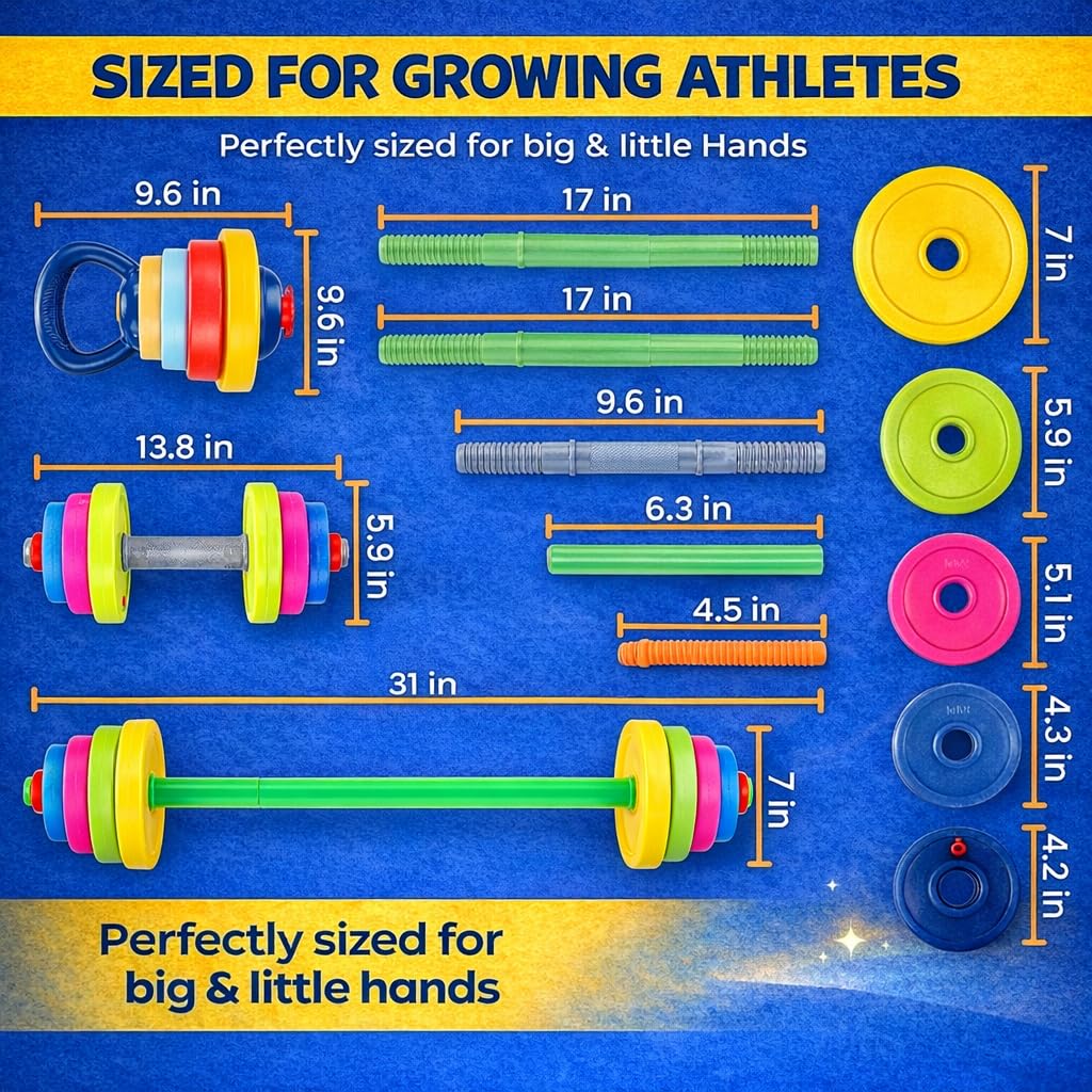 Kids Exercise Weight Set - 3-in-1 Adjustable Workout Toy Equipment for Children Pretend Play Exercise - Toddler Beginner Gym, Fitness, Weightlifting