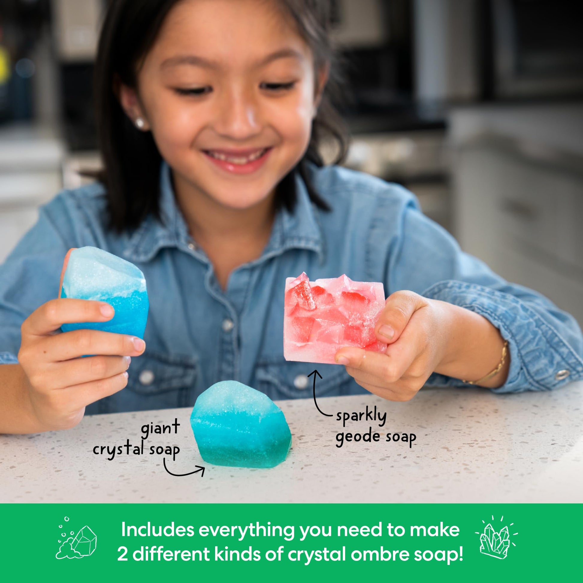 KiwiCo Crystal Geode Soapmaking Kit | Complete Set Includes Beaker, Clear Soap, Molds, Mixing Sticks, Mica Powder, Liquid Colors & More | DIY Soap