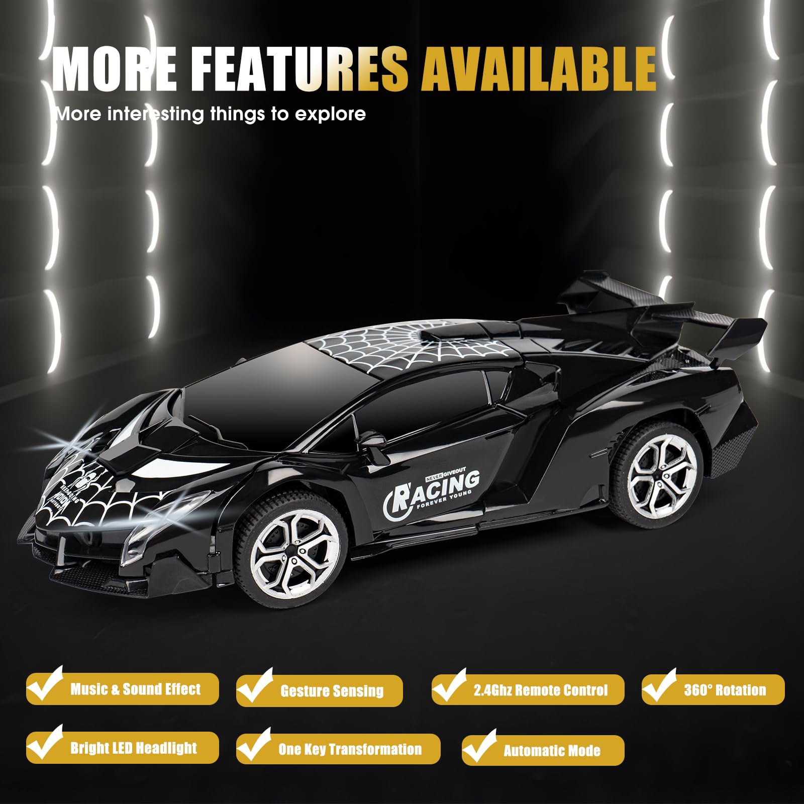 MUISHUYU Rechargeable Transform Remote Control Spider Car, Black Transforming RC Robot Toy 1:18, One-Key Deformation, 360° Drifting Vehicle for Kids