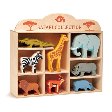 Tender Leaf Toys Safari Animals - 8 Wooden Zoo Figurines with a Display Shelf -Classic Toy for Pretend Play - Develops Social, Creative & Imaginative