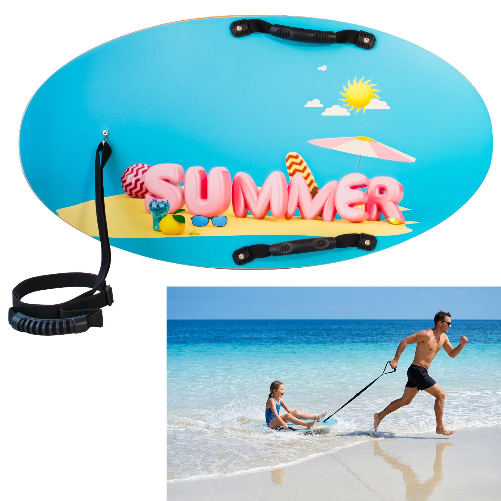 AAKQ Skimboard with Handles Tow Rope,Shore Tow Board Summer Beach Toy for Kids&Parent-Child Outdoor Lawn Interactive Pull-Along Shallow Water Rider