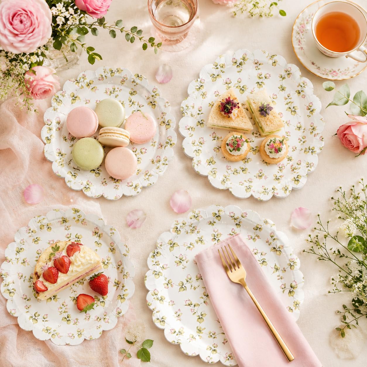 Lulu Posh Floral Paper Plates 12 Inch (24 Pack) - Scalloped Disposable Party Plates, Pink Rose Vintage Shabby Chic Dinner Plates, Heavy Duty Paper