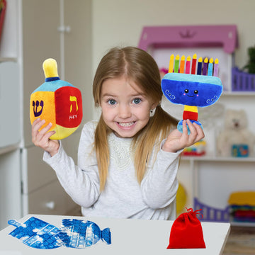 Plush Hanukkah Menorah & Plush Dreidel Toy Musical Menorah Plays 2 Classic Hanukkah Melodies Includes Removable Chanukah Candles & Candle Bag
