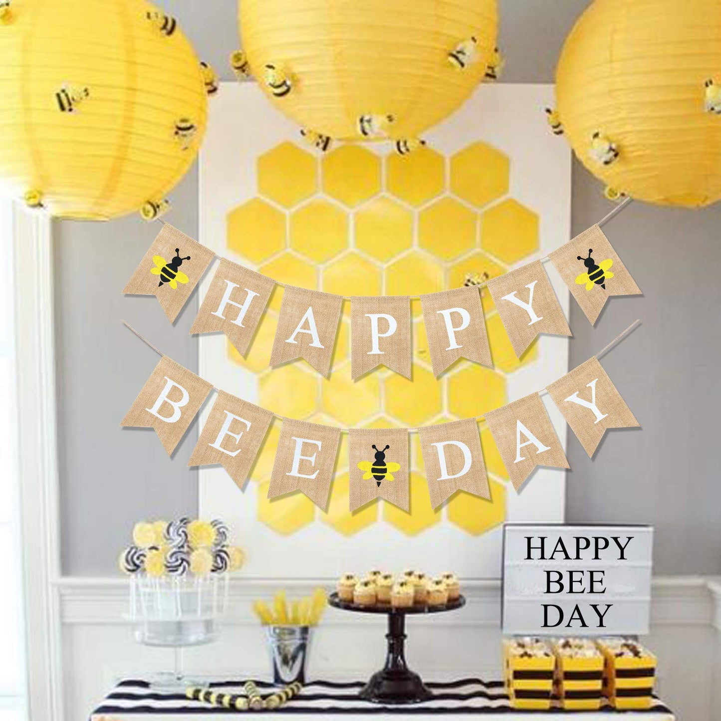 Uniwish Burlap Happy Bee Day Banner Bee Birthday Party Decorations