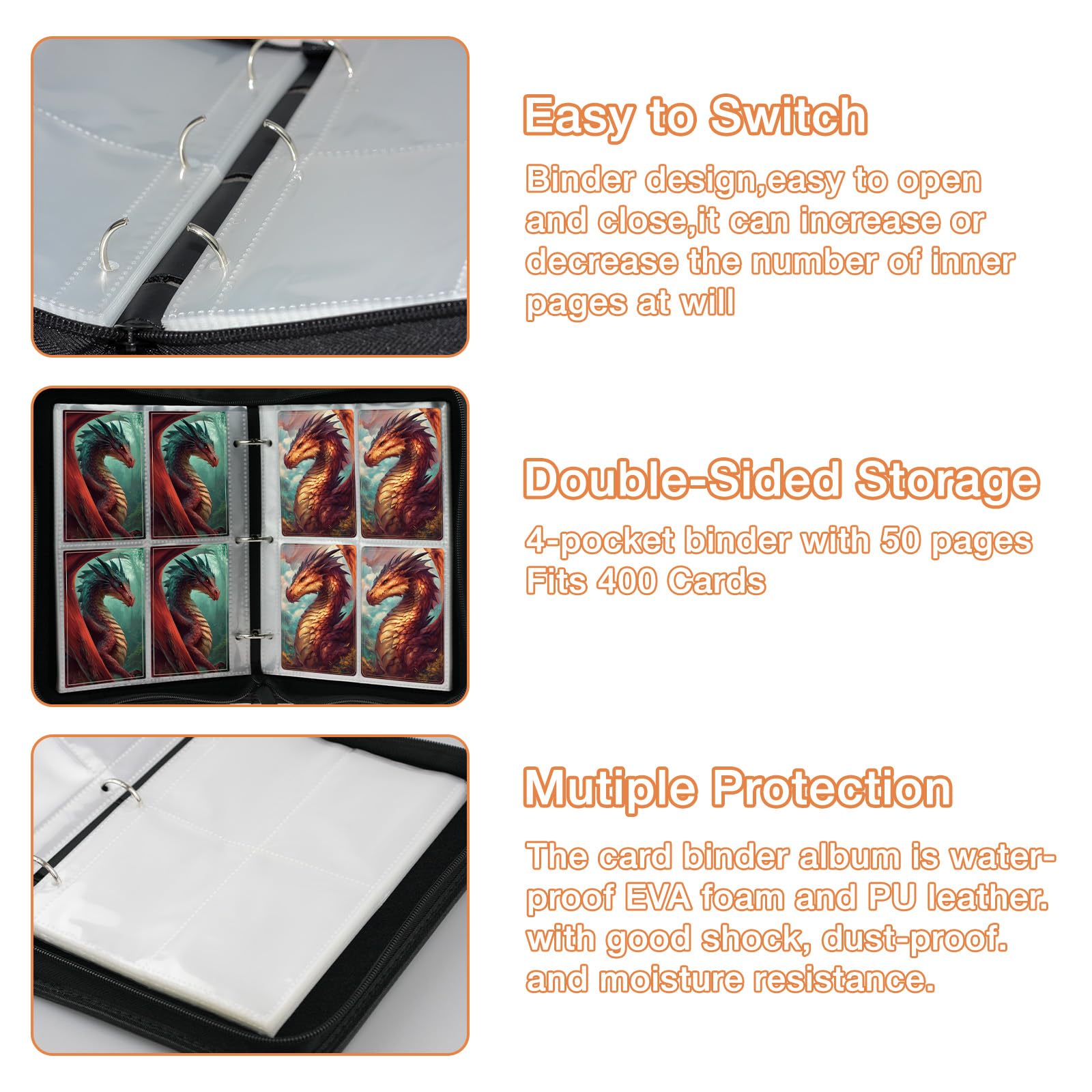 TanoShiimii Trading Card Binder, 400 Pocket Card Album, 3-Ring Refillable Binder with Zipper, Water-Resistant PU Leather for TCG Collectors, Kids and