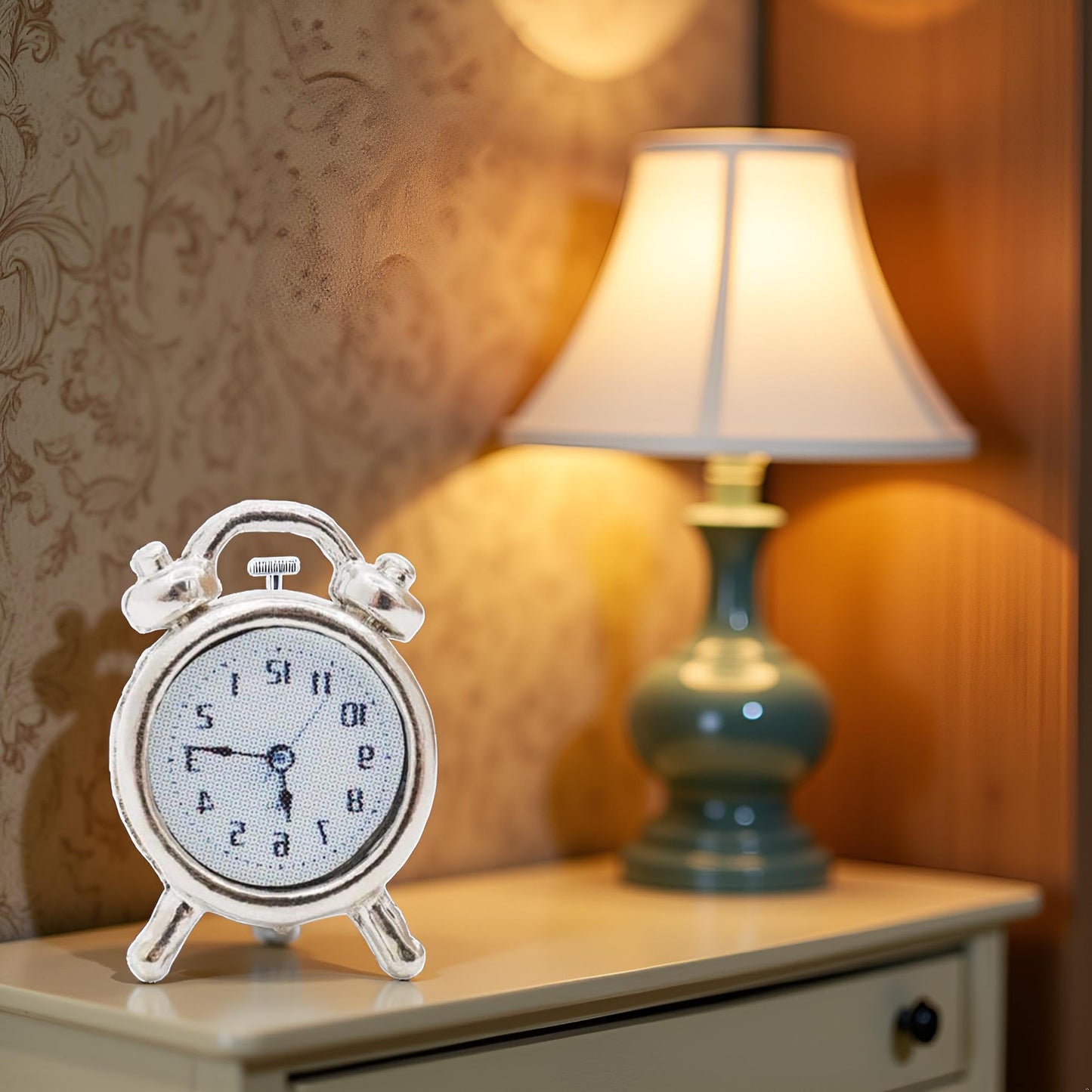 1Pcs Silver 1/12 Miniature Alarm Clock Dollhouse Decoration Accessories,Miniature Dollhouse Accessories (0.4x0.2x0.6 inch)