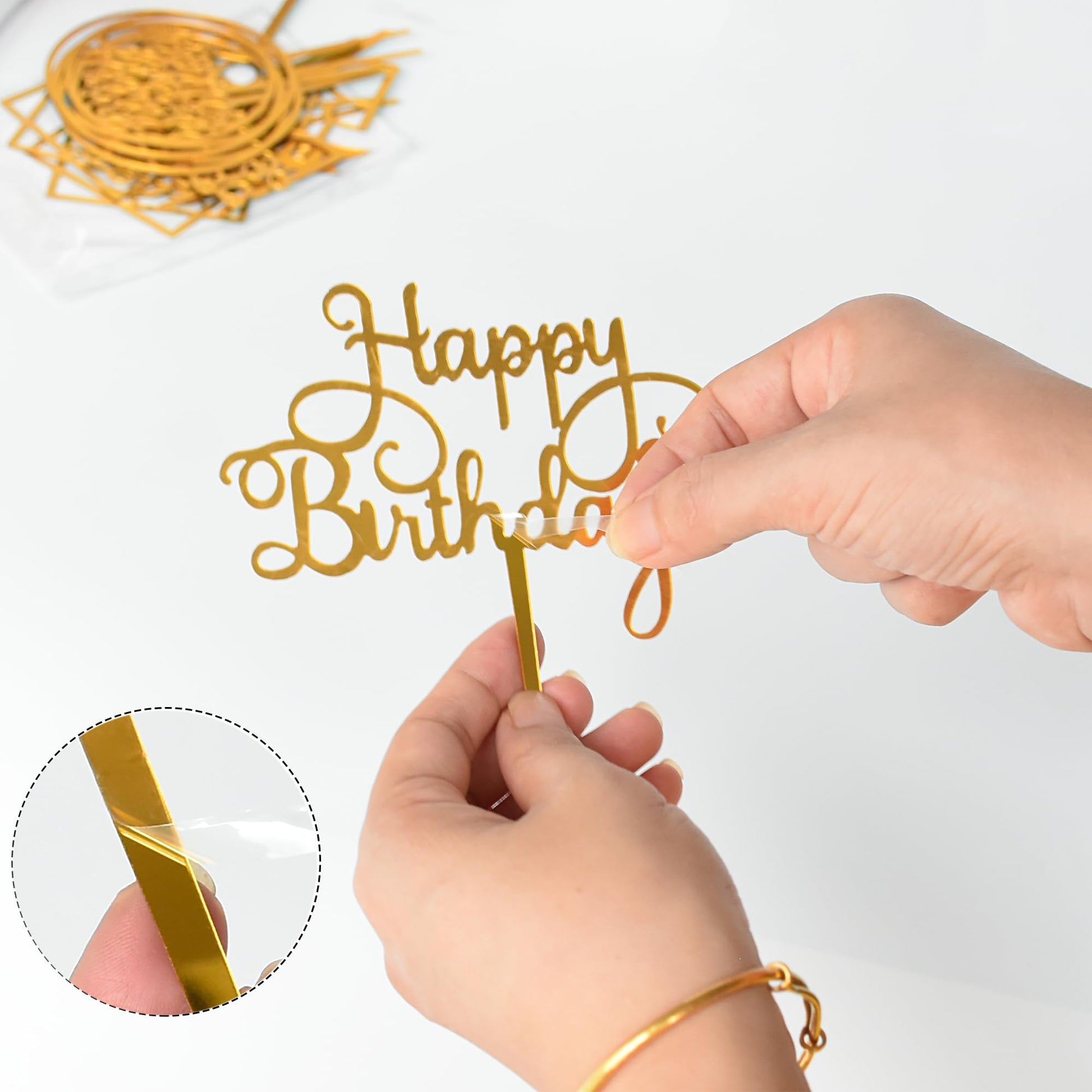 Chewarelly 12 Pack Multi Styles Birthday Cake Topper Set, Acrylic Cake Bunting Decor Birthday Cake Picks Party Decorations Supplies(Gold)
