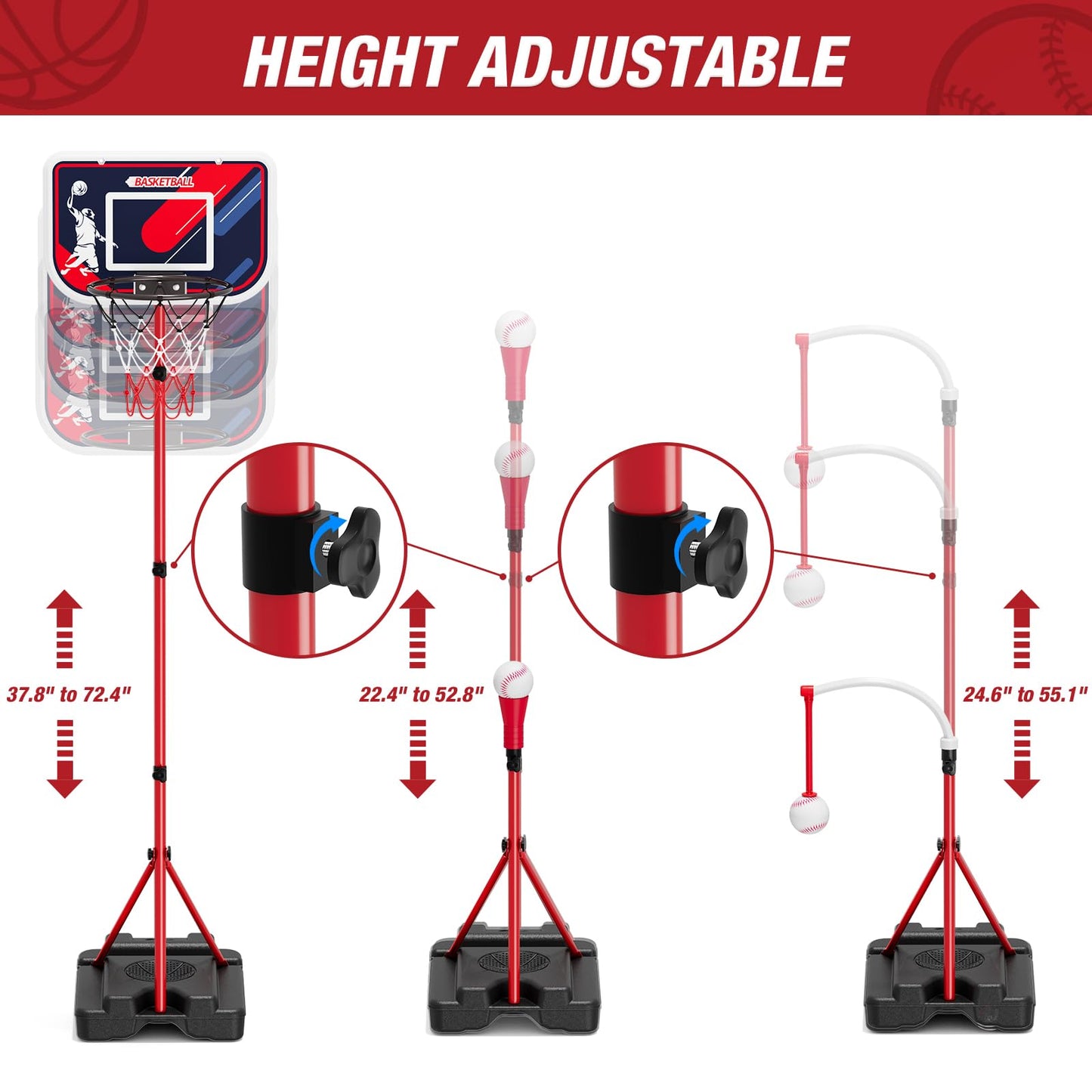 HYES 4 in 1 Kids Basketball Hoop and Tball Set for Kids 3-5