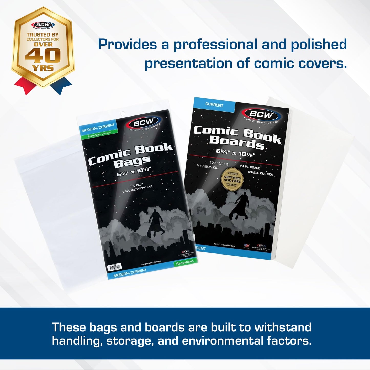BCW Resealable Current Comic Book Combo Pack | 100 Pack for Acid-Free Backing Boards & Resealable Bags | Comic Book Storage & Protection | Fits