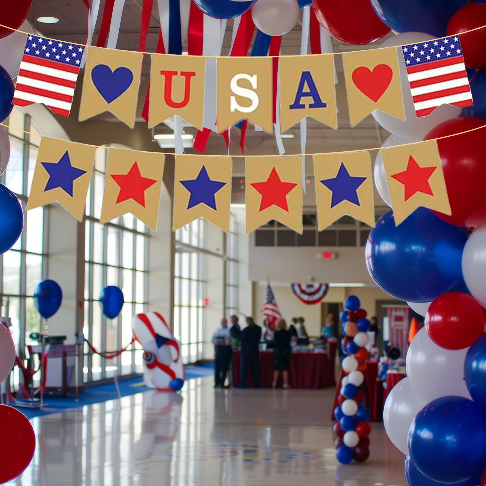 USA Patriotic Cardstock Banner Decorations, Rustic Pre-Strung Hanging Garland Sign for 4th of July, Memorial Day, Veterans Day, Independence Day,