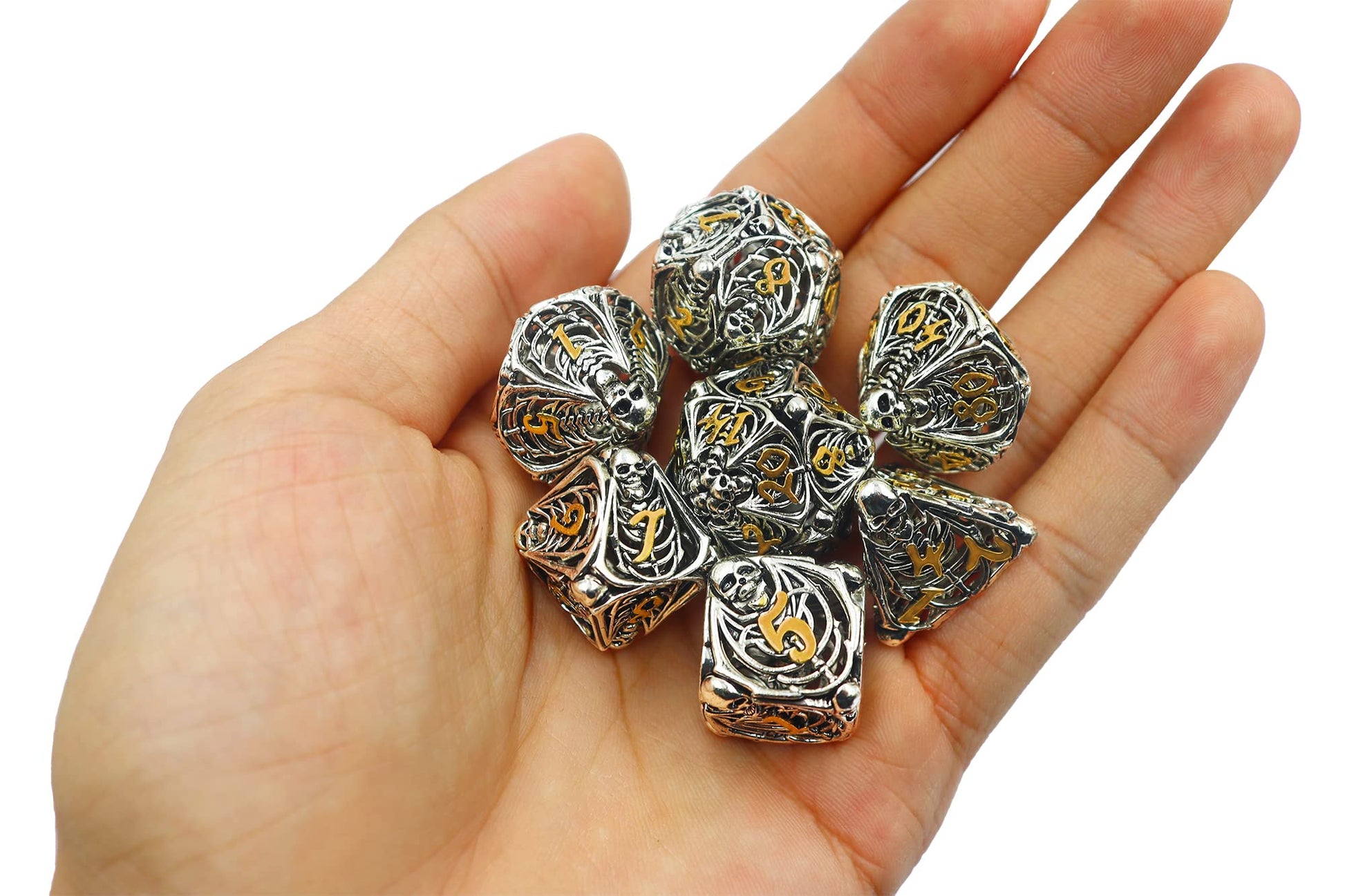 Metal DND Dice Set Skull Dungeons and Dragon Dice Set Hollow Polyhedral Magic 7 PCS Dice Set with Gift Metal Box for Dungeons and Dragons Table Games