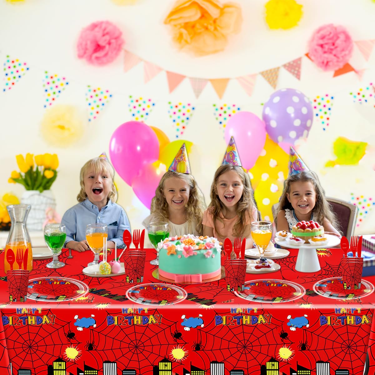 81Pcs Cartoon Spider Birthday Party Supplies,Red Spider Set Tableware Plates Napkins Cups Knives Spoons Forks