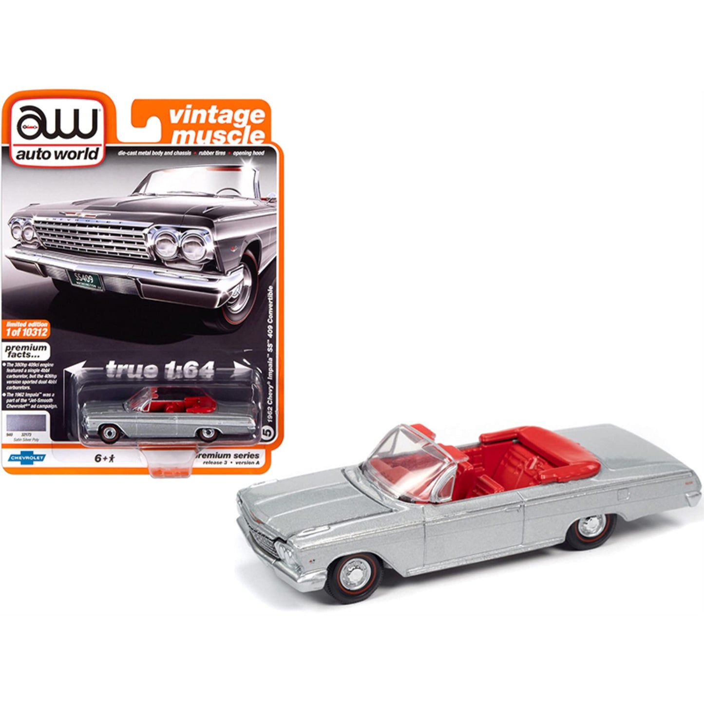 Auto World 1962 Chevrolet Impala SS Convertible Silver 1:64 Die-Cast Model Car