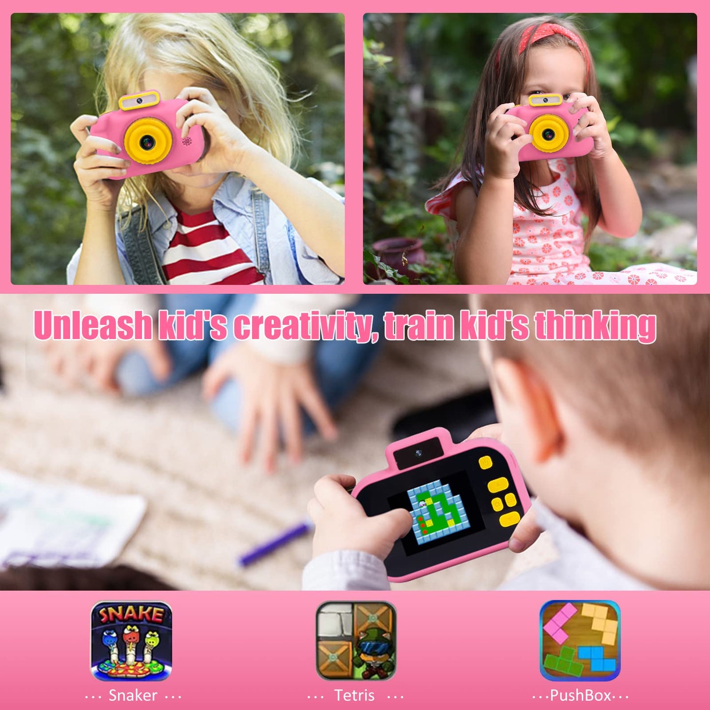 Kids Camera, Toddler Selfie Digital Pink Camera Birthday Toys Gift for Girls Age 3-9, Portable Kids HD Digital Video Recorder with 32G SD Card, Toys