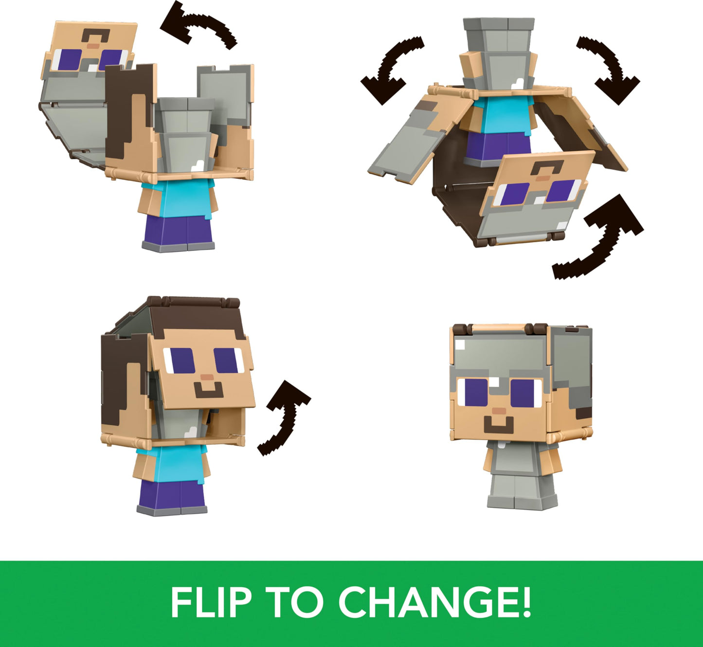 Mattel Minecraft Flippin’ Figs Figures Collection with 2-in-1 Fidget Play, 3.75-in Scale, Large Heads & Pixelated Design (Characters May Vary)