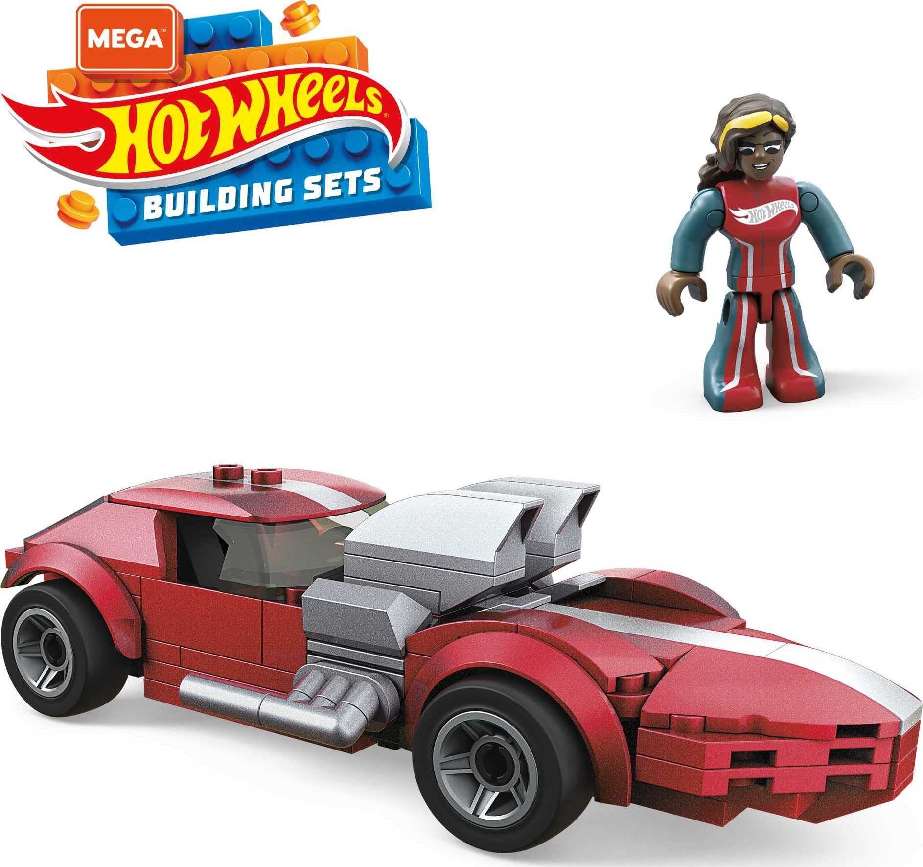 Mega Hot Wheels Twin Mill racecar building set with 101 pieces with micro figure driver figure, toy gift set for ages 5 and up