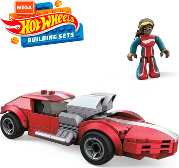 Mega Hot Wheels Twin Mill racecar building set with 101 pieces with micro figure driver figure, toy gift set for ages 5 and up