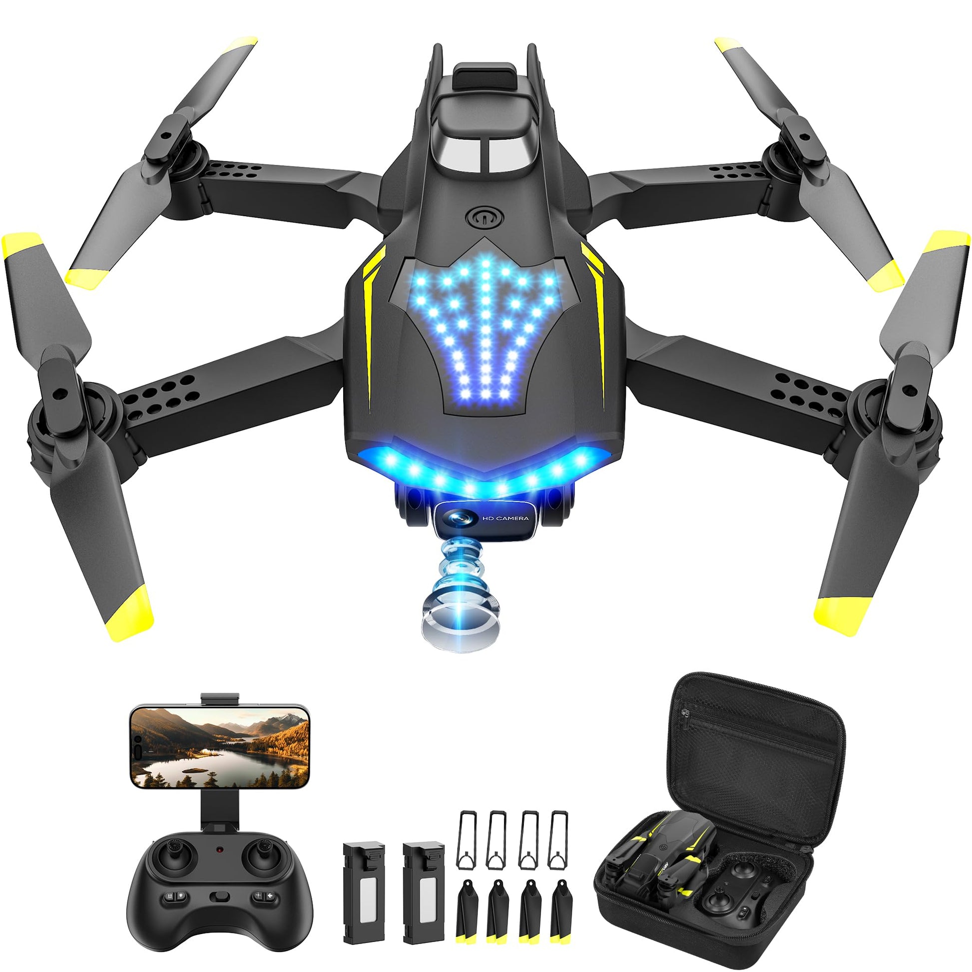 Flymevac Drone with Camera, Dual 720HD, Drone for Kids with Cool Lights, Gestures Control, Vertical Shooting, Waypoint Flight, Gravity Control, 3D