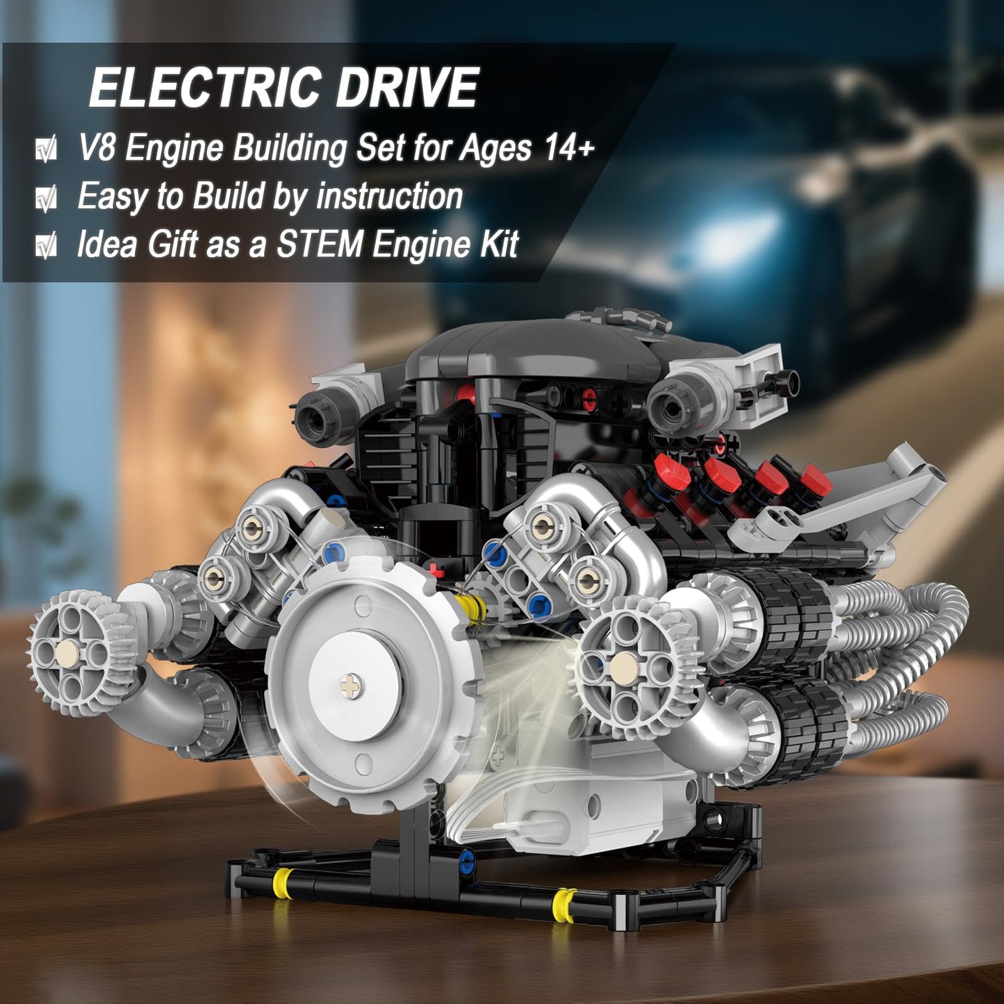 HIGH GODO V8 Engine Building Kit that Works, Build Your Own MOC V8 Engine Model with App Control, Visible Car Engine Model Kit with Motor and Lights