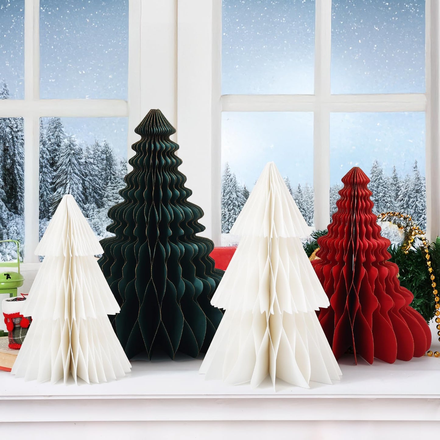 4pcs Christmas Decorations Folding Christmas Honeycomb Paper Tree 3D Xmas Trees Table Centerpiece Christmas Tree Honeycomb Decorations for New Years