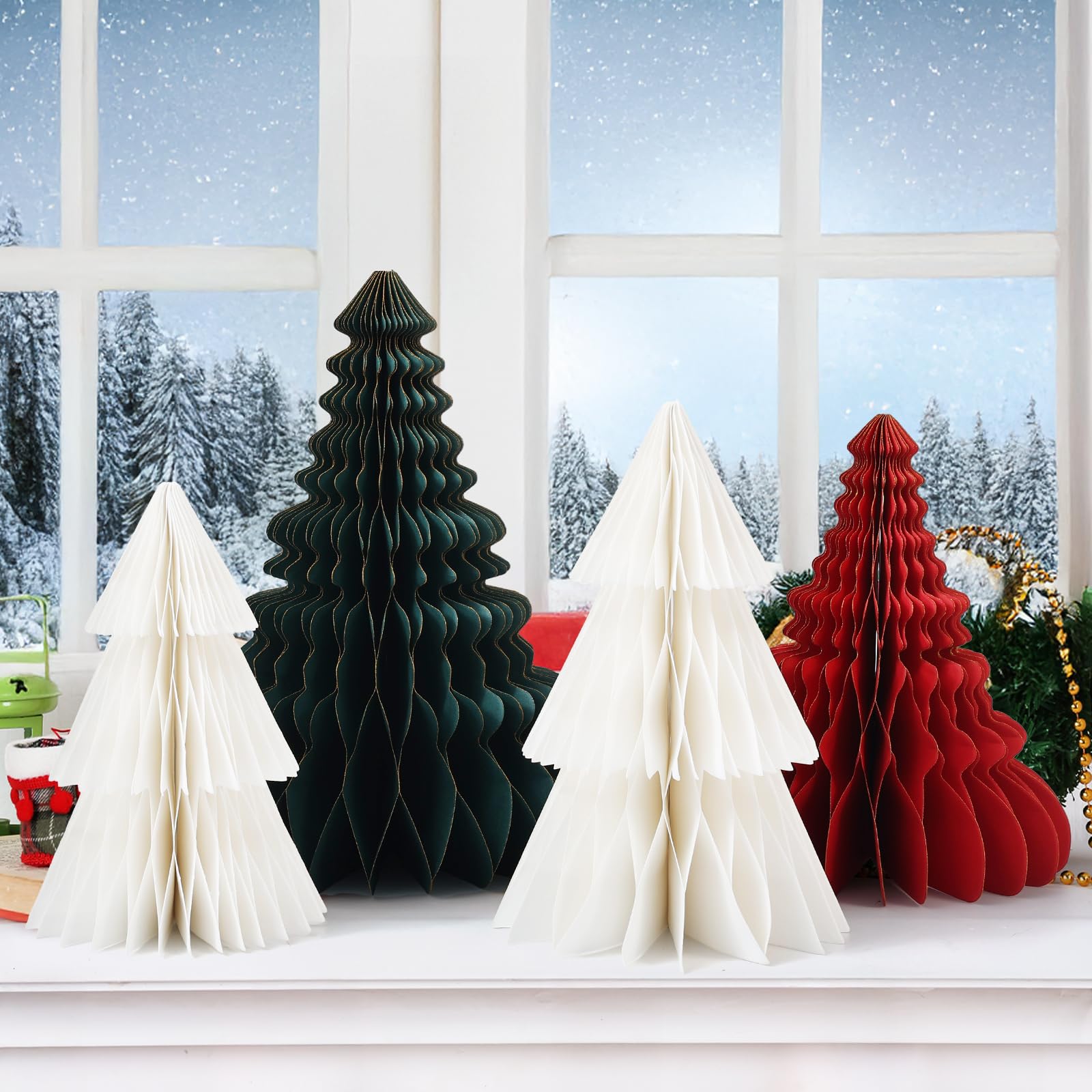 4pcs Christmas Decorations Folding Christmas Honeycomb Paper Tree 3D Xmas Trees Table Centerpiece Christmas Tree Honeycomb Decorations for New Years