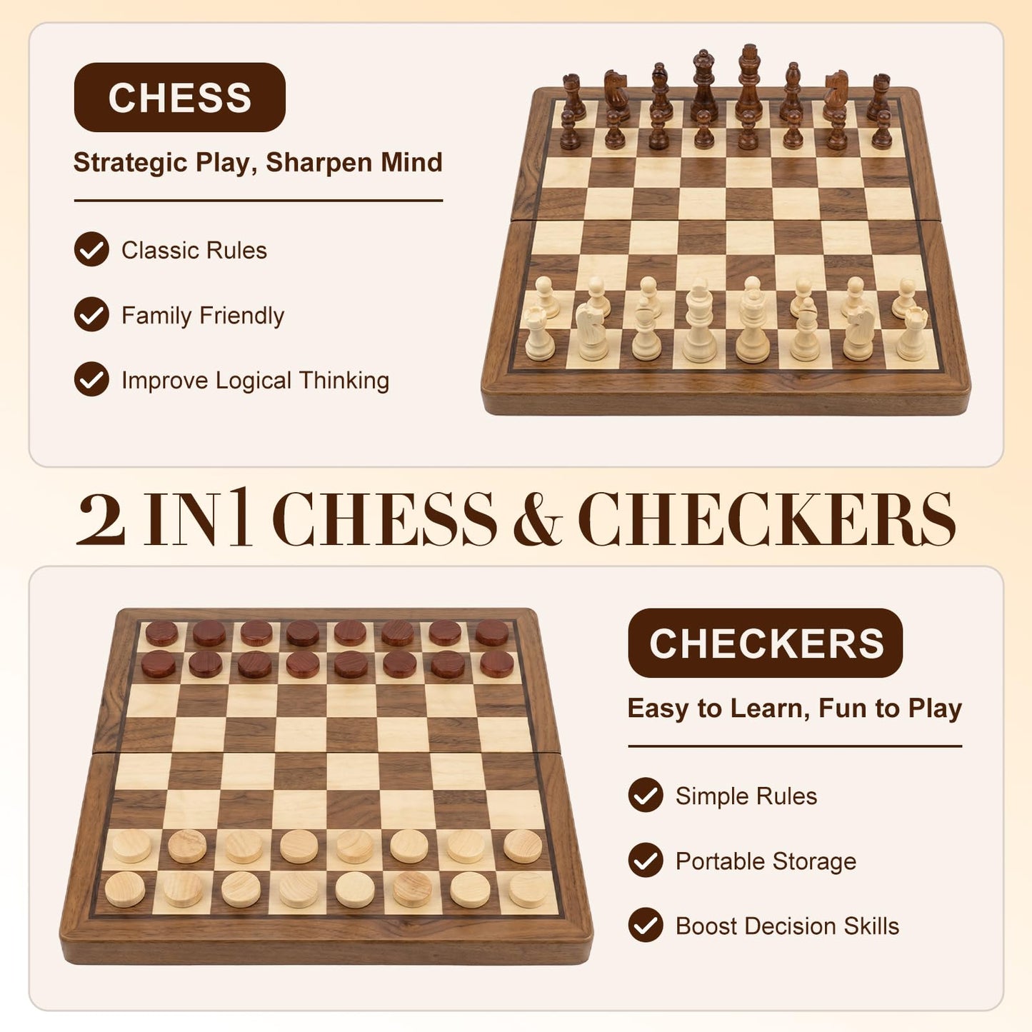 Tobaisaa 15 Inch Natural Wood 2 in 1 Magnetic Chess & Checkers Set