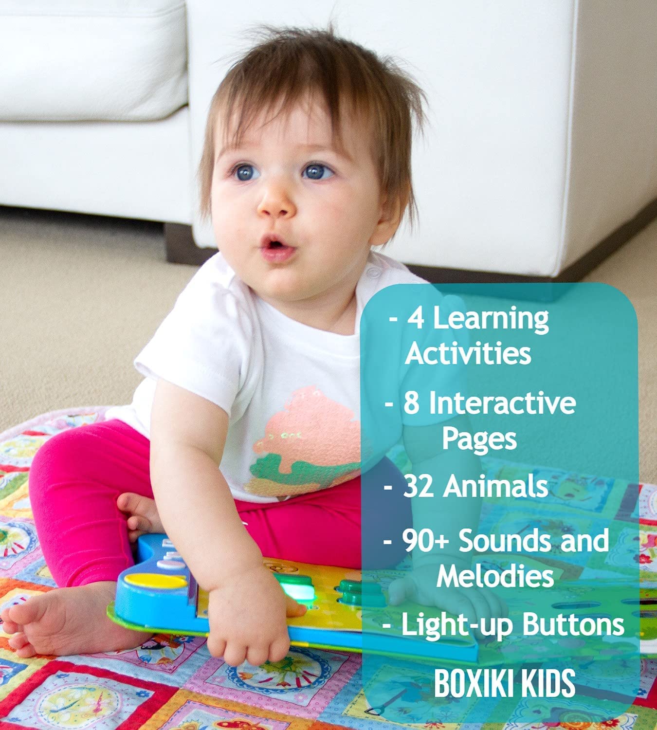 Animal Sound Book for Toddlers 1-3, Interactive Learning Toy with 90+ Sounds, 32 Animals, 8 Pages, 4 Activities, Light-Up Buttons, Educational Baby