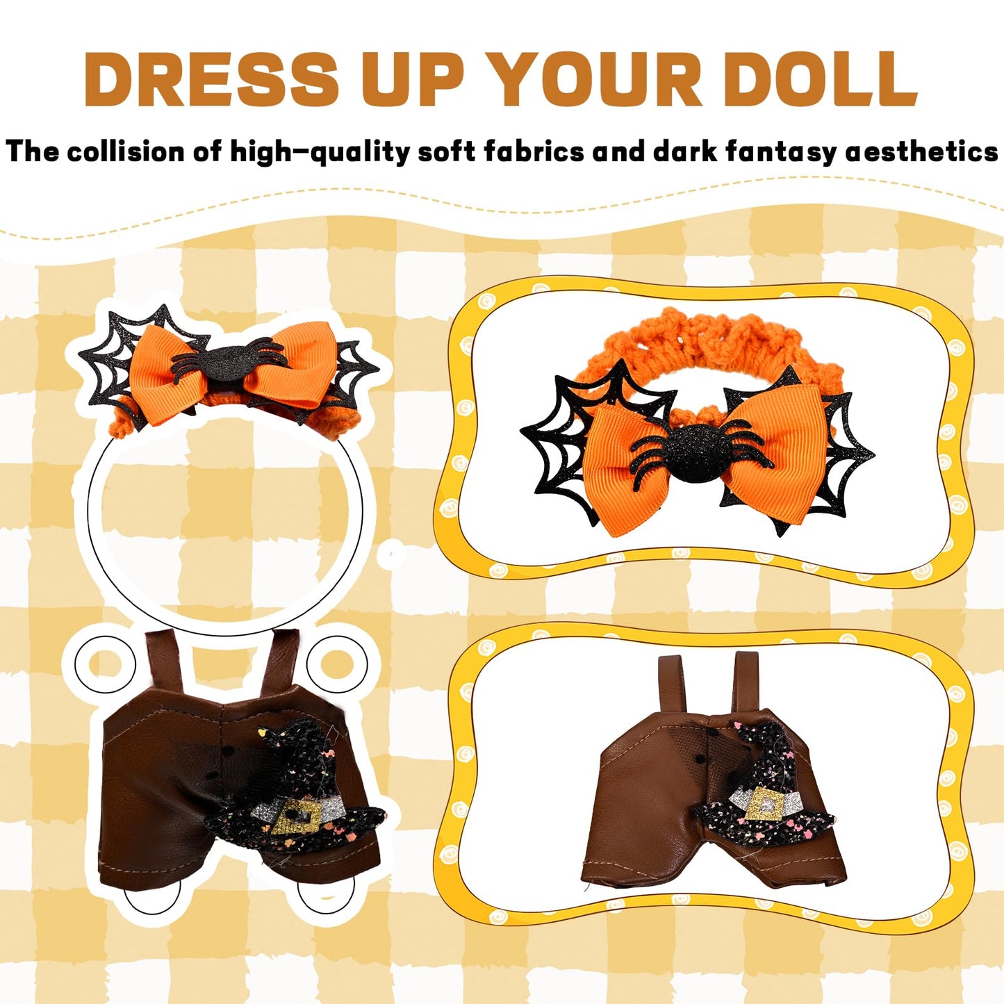 Halloween Pumpkin Doll Clothes Set Orange Spider Patchwork Leather Dress with Hat for 15-17cm 4 Inch Blind Box Dolls