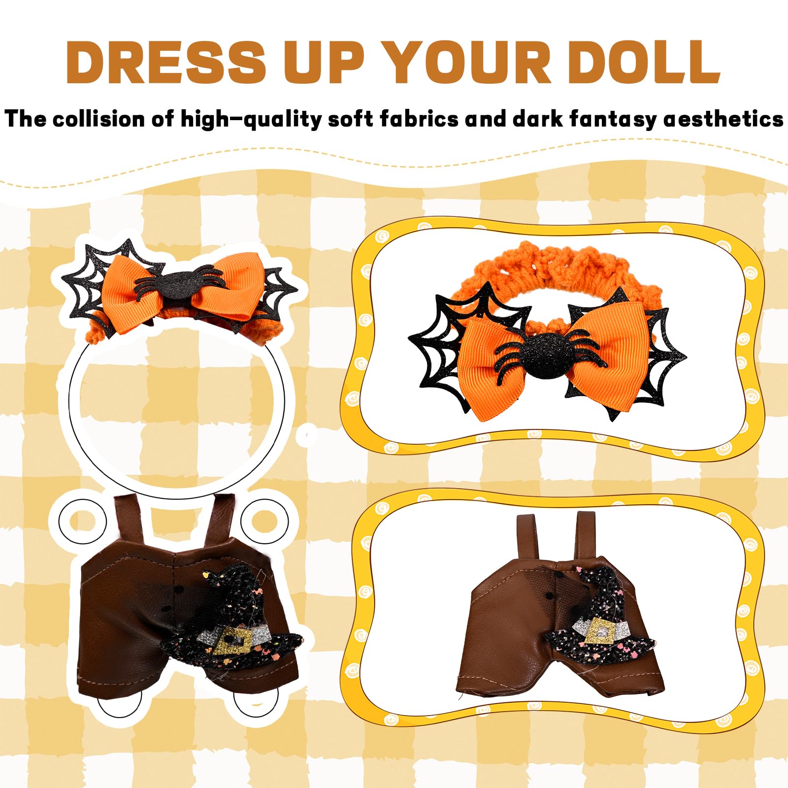 Halloween Pumpkin Doll Clothes Set Orange Spider Patchwork Leather Dress with Hat for 15-17cm 4 Inch Blind Box Dolls