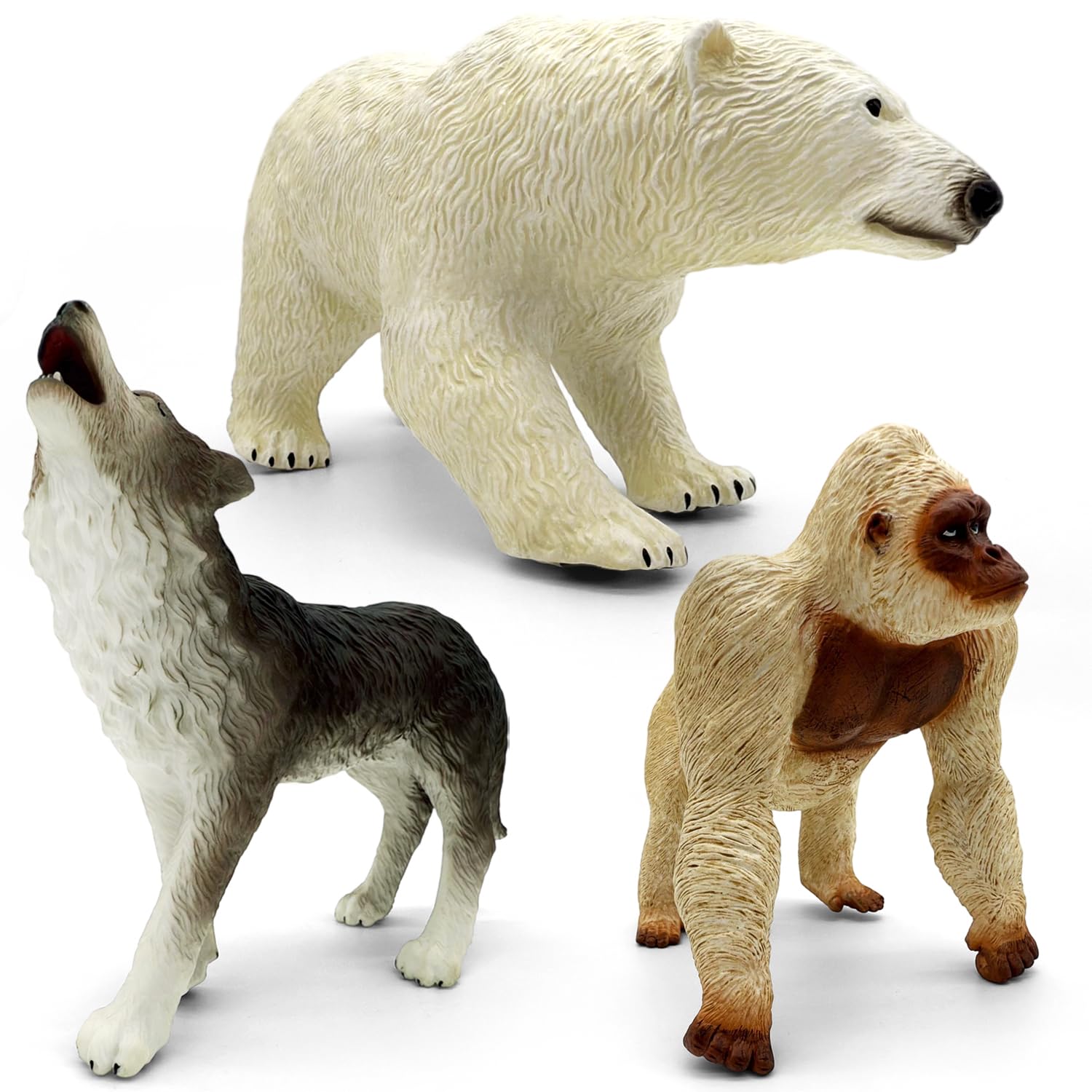 Jumbo Safari Animal Toys - Soft Zoo Playset for Kids, Realistic Wild Figurines, Educational Party Birthday for Kids Ages 3-12 (3 pcs Gorilla Wolf