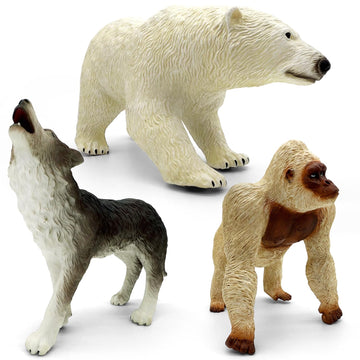 Jumbo Safari Animal Toys - Soft Zoo Playset for Kids, Realistic Wild Figurines, Educational Party Birthday for Kids Ages 3-12 (3 pcs Gorilla Wolf